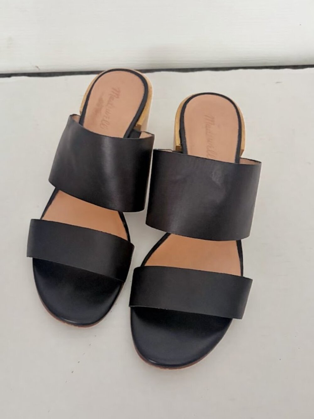 Madewell Kiera Leather Two Strap Chunky Wood Block Heel Platform Slip On Sandals